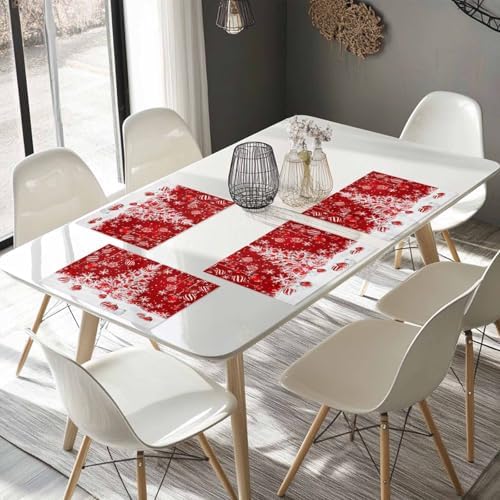 Red Christmas Placemat 1PC, White Xmas Tree Snowflakes Red Balls Heat Resistant Washable Table Place Mats Winter Cotton Table Linens Party Holiday Decor for Kitchen Dining Outdoor Indoor