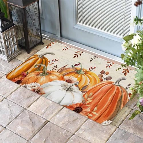 Fall Door Mat Harvest Pumpkin Doormat Orange Flower Eucalyptus Leaves Beige Harvest Thanksgiving Welcome Mat Non Slip Entryway Front Rug Floor Mat for Indoor Outdoor Kitchen Autumn Holiday Decor 24x36