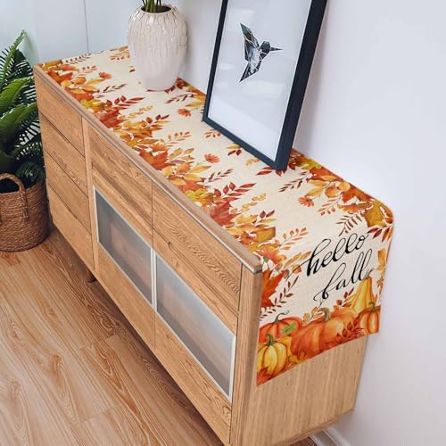 Fall Pumpkin Table Runner Dresser Scarf 13 x 108 Inch Harvest Orange Maple Leaves Table Runners Non-Slip Heat Resistant Kitchen Dining Table Decor for Autumn Thanksgiving Holidays Indoor Outdoor