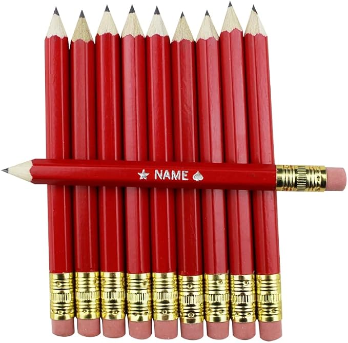 EZPENCILS & GIFTS - Golf Pencils Tipped with Eraser (1/2 a Pencil - Pew Pencils) - Red Colored Barrel - FREE-PERSONALIZATION - 2HB Black Lead - Custom Text - Non-Smear Eraser – Package of 40