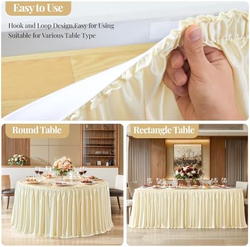 Wish Care 14ft Champagne Satin Table Skirt for Rectangle Tables Wrinkle Free Teacher Desk Skirt Glitter Ruffle Table Skirting Cloth for Back to School Classroom Office Dorm Birthday Party Table Decor