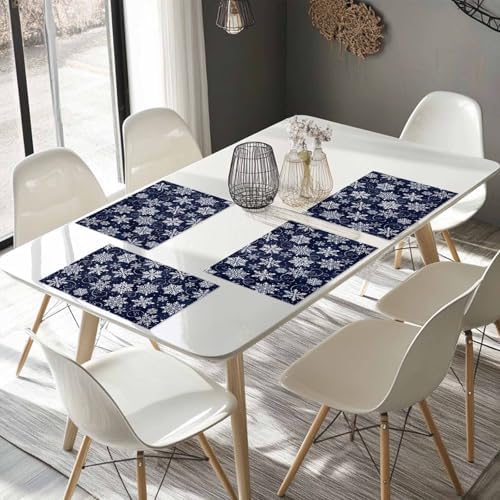 Christmas Placemats Set of 6, White Navy Snowflakes Pattern Heat Resistant Washable Table Place Mats Winter Cotton Table Linens Party Holiday Decor for Kitchen Dining Outdoor Indoor