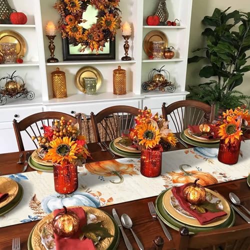 Fall Pumpkin Table Runner Dresser Scarf 13 x 60 Inch Blue Orange Maple Leaf Rustic Table Runners Non-Slip Heat Resistant Kitchen Dining Table Decor for Autumn Thanksgiving Holidays Indoor Outdoor