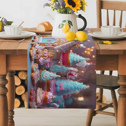 Christmas Table Runner Dresser Scarf 13 x 72 Inch Gingerbread House Gingerbread Man Cake Candy Table Runners Non-Slip Heat Resistant Kitchen Dining Table Decor for Home Holidays Indoor Outdoor