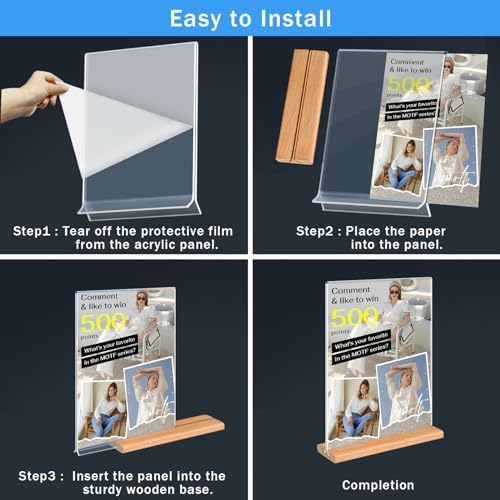 Kersally Acrylic Sign Holder 5 x 7, 6 Pack Double-Sided Clear Table Display Stands with Wood Base,Vertical Acrylic Frame Menu Flyer Paper Holder for Stores, Restaurants, Hotels, Office, Show Fair