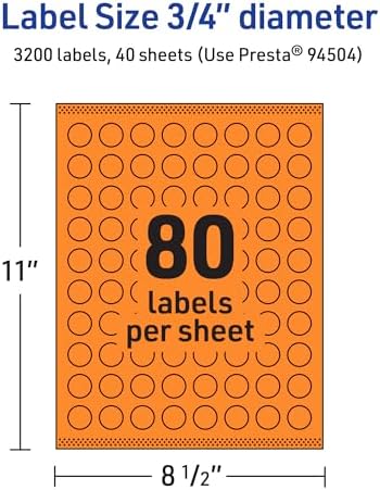 Avery Printable Round Labels, Sure Feed Technology, 3/4" Diameter, Bright Orange Labels, Print-to-the-Edge, Laser/Inkjet, 3,200 Total, Great for Price Stickers and Mailing Seals