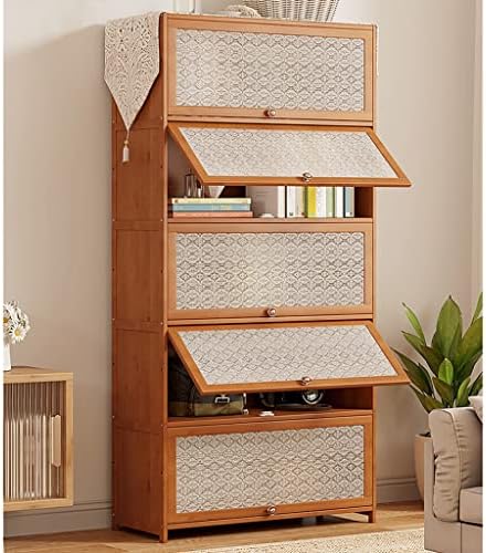 Bamboo Bookcase with flip-up Acrylic Doors, 1-5 Tier Free Standing Book Shelf Storage Organizer for Living Room Office Bedroom (Wood 70 * 32 * 73cm)