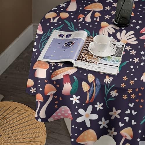 Retro Mushroom Tablecloth, Cartoon Forest Mushroom Florals Leaves Woodland Garden Table Cloth for Kitchen Dining Coffee Table Outdoor Party Decor, 36x36in