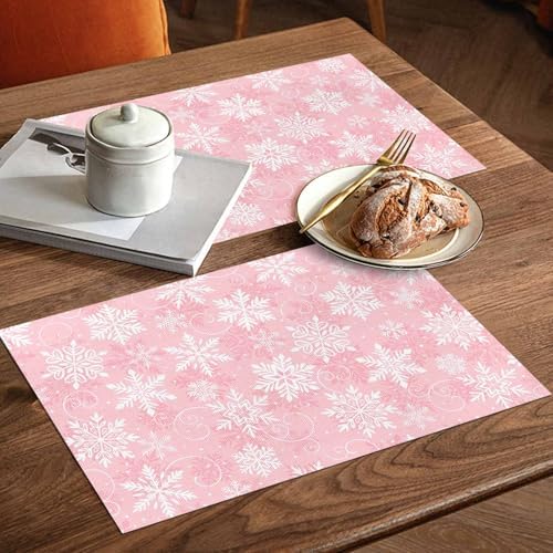 Christmas Placemats Set of 6, Pink White Snowflakes Pattern Heat Resistant Washable Table Place Mats Winter Cotton Table Linens Party Holiday Decor for Kitchen Dining Outdoor Indoor