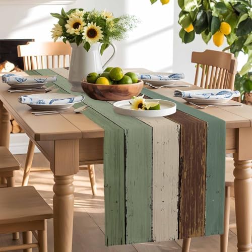 Green Brown Wood Grain Table Runner Dresser Scarf 13 x 36 Inch Vintage Mottled Board Striped Farm Table Runners Non-Slip Heat Resistant Kitchen Dining Table Decor for Home Holidays Indoor Outdoor