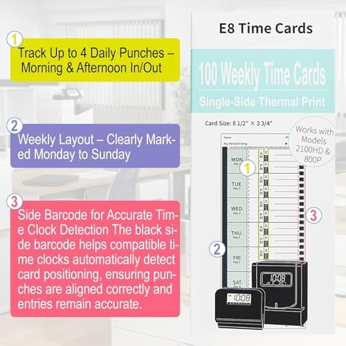100 E8 Thermal Time Cards, Compatible with Lathem 2100HD & 800P Time Clocks