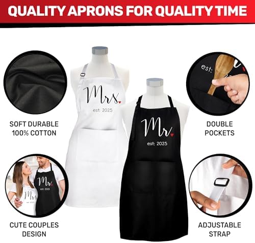 Prazoli Products Mr Mrs Apron Set - Engagement Gifts, Wedding & Bridal Shower Gifts for Couple (Mr. & Mrs. Est: 2025, Standard)