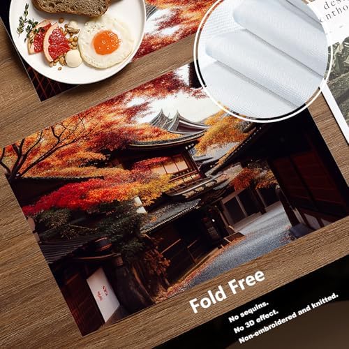Batmerry Autumn Oriental Maple Linen Placemats Set of 8, Classical Architecture Paths Fallen Leaves Washable Table Mats for Kitchen Table Thickened Heat Insulation Dining Set Indoor Outdoor 12X18 in