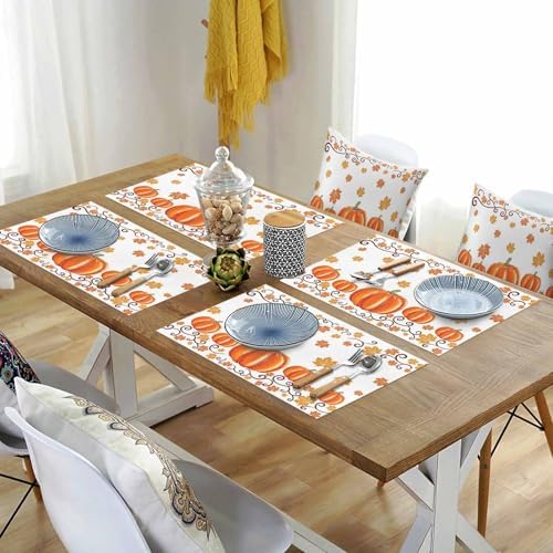 Fall Maple Leaves Placemat, Thanksgiving Watercolor Pumpkins Heat Resistant Washable Table Place Mats Orange Cotton Table Linens Party Holiday Decor for Home Kitchen Dining Outdoor Indoor,