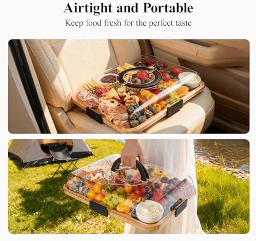 Portable Bamboo Charcuterie Board with Lid, 6 Compartments