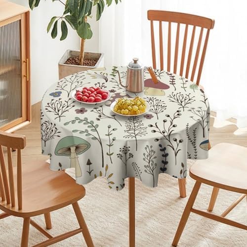 Mushroom Tablecloth, Boho Floral Rustic Wildflower Herbs Plants Colorful Botanical Green Leaves Print Table Cloth for Kitchen Dining Picnic Party Restaurant Decoration, 50x50in