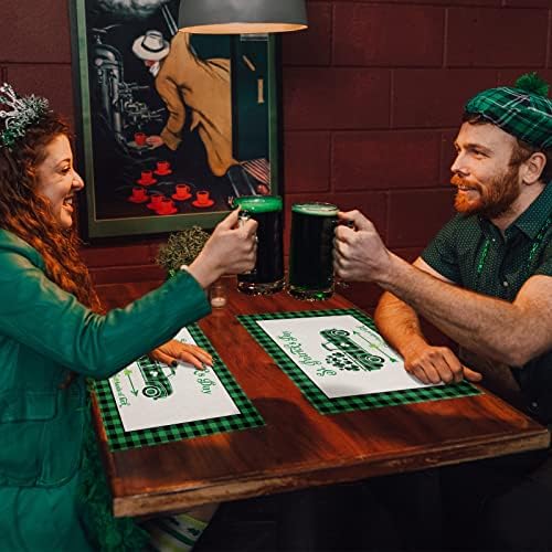 St. Patrick's Day Placemats Set of 6, Farm Buffalo Plaid Truck Shamrock Clover Cotton Linen Heat Resistant Table Mats Washable Spring Holidays Decorations For Kitchen Dining Table Green Black