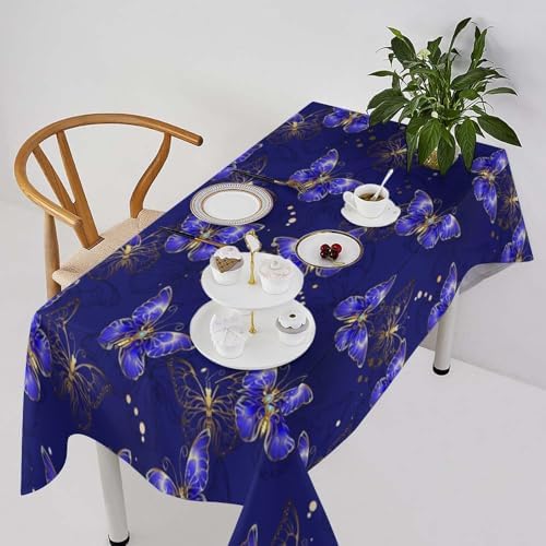 Dark Purple Butterfly Tablecloth, Luxury Golden Blue Purple Butterfly Print Table Cloth for Outdoor Patio Party Picnic Wedding Indoor Kitchen Dinner Table Decor 55x55in