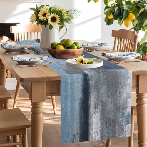 Blue Grey Graffiti Table Runner Dresser Scarf 13 x 108 Inch Abstract Oil Paint Art Mottled Texture Modern Table Runners Non-Slip Heat Resistant Kitchen Dining Table Decor for Home Indoor Outdoor