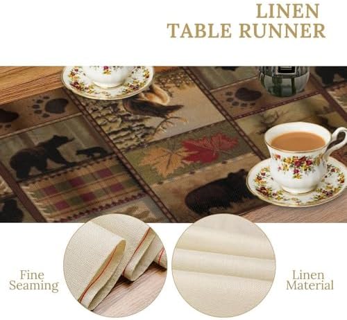 Rustic Bear Table Runner, Vintage Cottage Country Style Pine Tree Elk Wildlife Dinner Runner for Home Kitchen Dining Table Decoration 13"x120"