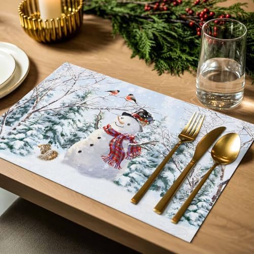 Christmas Placemats Set of 6, Snowman Squirrel Bird Heat Resistant Washable Dining Table Mats Xmas Holiday Farmhouse Decor for Kitchen&Linens Outdoor Indoor, Pine Tree Branch Snowflake