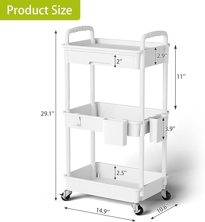 Sorgion 3 Tier Rolling Cart Organizer,Laundry Room Bathroom Organizers and Storage Office Shelves Mobile Shelving Unit Kitchen Trolley Cart with Wheels for Art,Craft,Diaper,Bedside,Snack(White)