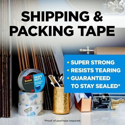 Scotch Heavy Duty Shipping Packing Tape, Clear, Shipping and Packaging Supplies, 1.88 in. x 54.6 yd., 1 Tape Roll, (Pack of 2)