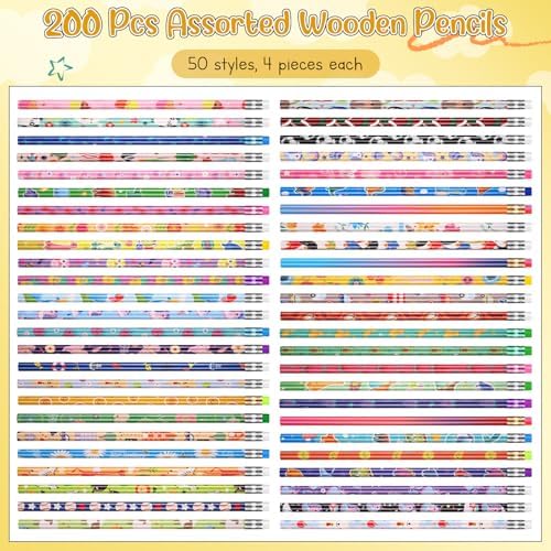 Sabary 200 Pcs Assorted Wood Pencil Bulk 50 Styles Colorful #2 HB Pencils