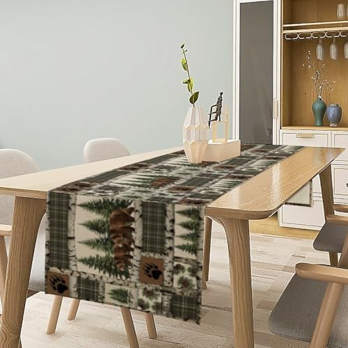 Vintage Rustic Cabin Moose Deer Bear Table Runner, Retro Bear Cottage Country Style Cabin Farmhouse Dinner Runner for Home Kitchen Dining Table Decoration 13"x70"