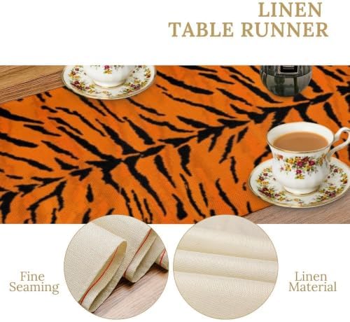 Vintage Tiger Print Table Runner, Rustic Cottage Country Farm Animal Fur Skin Pattern Western Style Black Brown Print Dinner Runner for Home Kitchen Dining Table Decoration 13x90 Inch
