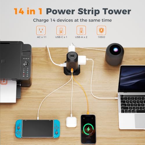TESSAN Tower Power Strip Flat Plug with 1050J Protection, 10 Ft, Black