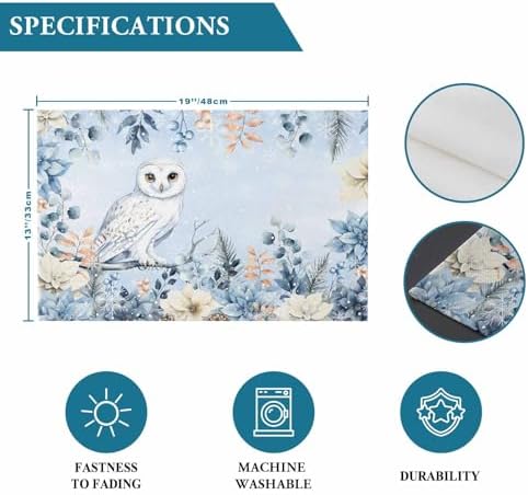 Blue Christmas Placemat 1PC, Winter Snowy Owl Poinsettia Eucalyptus Leaves Heat Resistant Washable Table Place Mats Cotton Table Linens Party Holiday Decor for Kitchen Dining Outdoor Indoor