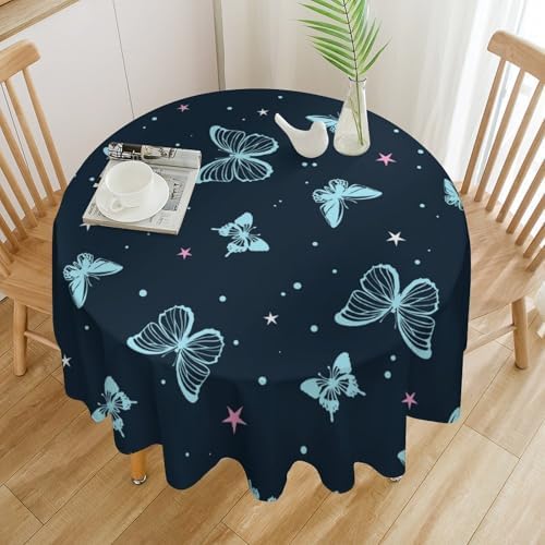 Blue Butterfly Tablecloth, Cartoon Colorful Butterfly Pink Starry Sky Star Print Tablecloth for Camping Indoor Outdoor Decor, 70x70in