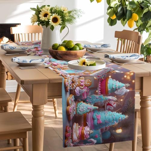 Christmas Table Runner Dresser Scarf 13 x 72 Inch Gingerbread House Gingerbread Man Cake Candy Table Runners Non-Slip Heat Resistant Kitchen Dining Table Decor for Home Holidays Indoor Outdoor