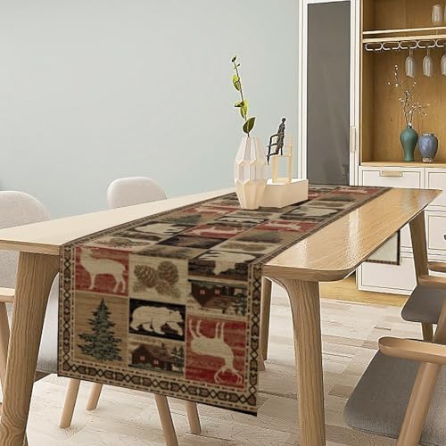 Rustic Bear Table Runner, Vintage Cottage Country Style Pine Tree Elk Wildlife Dinner Runner for Home Kitchen Dining Table Decoration 13"x90"