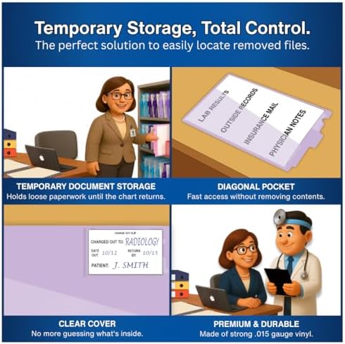 Doctor Stuff - Center Tab Vinyl Outguides, Diagonal Cut Front Pocket, Top Charge Out Slip Pocket, Plastic File Folder, Letter Size 9" x 13-1/4", Lavender, 50/Box
