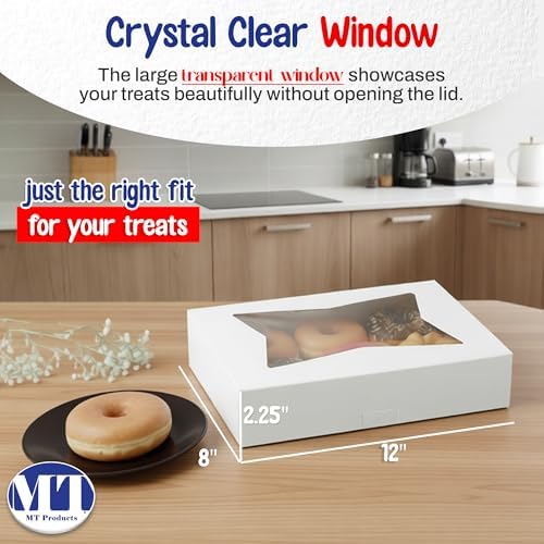 MT Products 12" x 8" x 2.25" White Bakery Boxes with Window (5 Pack) - Auto Pop-Up Paperboard Treat Boxes for Chocolate Covered Strawberries, Cookies, Donuts & Pastries - Made in USA