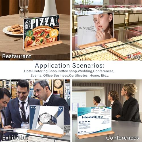 Kersally Acrylic Sign Holder 7 x 5'',6 Pack Double-Sided Clear Table Display Stands with Wood Base,Horizontal Acrylic Frame Menu Flyer Paper Holder for Store, Restaurant, Hotel, Office, Show Fair