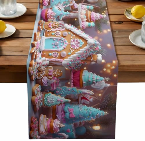 Christmas Table Runner Dresser Scarf 13 x 72 Inch Gingerbread House Gingerbread Man Cake Candy Table Runners Non-Slip Heat Resistant Kitchen Dining Table Decor for Home Holidays Indoor Outdoor