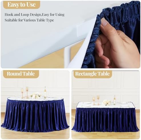 Wish Care 21ft Navy Blue Satin Long Table Skirt for Rectangle Tables Wrinkle Free Teacher Desk Skirt Glitter Ruffle Table Skirting Cloth for Back to School Classroom Office Birthday Party Table Decor