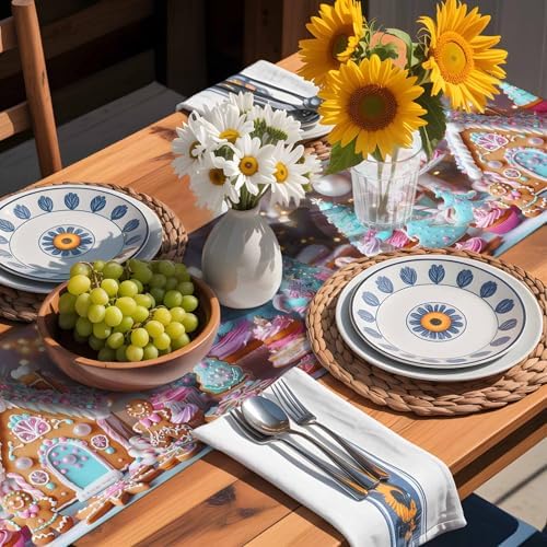 Christmas Table Runner Dresser Scarf 13 x 72 Inch Gingerbread House Gingerbread Man Cake Candy Table Runners Non-Slip Heat Resistant Kitchen Dining Table Decor for Home Holidays Indoor Outdoor