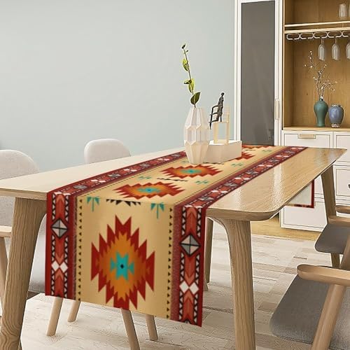 Aztec Southwest Table Runner, Ethnic Style Geometric Triditional Kitchen Table Runners Table Setting Decor for Garden Farmhouse Wedding Party Holiday Dinner Home, 13x60 Inch