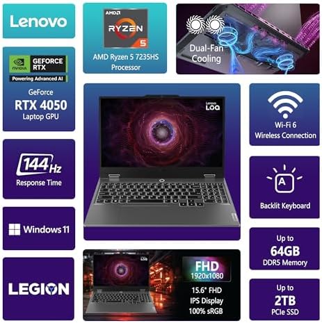 Lenovo LOQ Gaming Laptop | 15.6" FHD IPS 144Hz (100% sRGB G-SYNC) | AMD Ryzen 5 7235HS | 32GB DDR5 1TB SSD | NVIDIA GeForce RTX 4050 6GB | Backlit Wi-Fi 6 Privacy Camera Win11 Pro w/DLCA Accessory