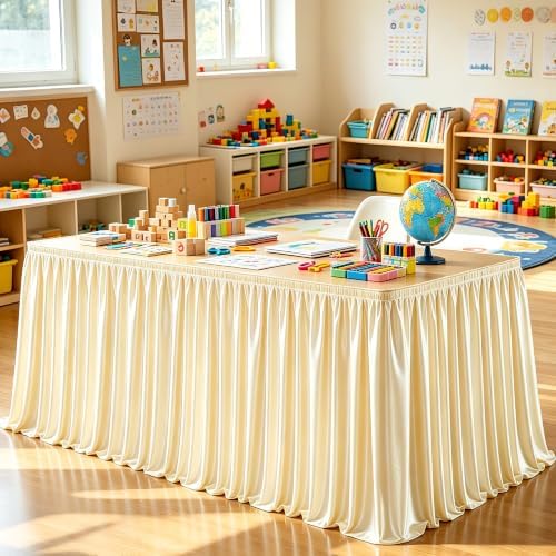 Wish Care 9ft Champagne Satin Table Skirt for Rectangle Tables Wrinkle Free Teacher Desk Skirt Glitter Ruffle Table Skirting Cloth for Back to School Classroom Office Dorm Birthday Party Table Decor