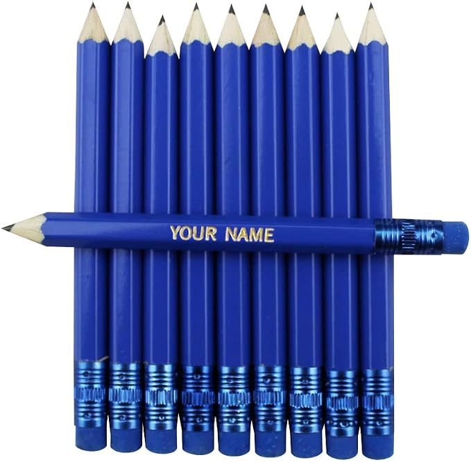 EZPENCILS & GIFTS - Golf Pencils Tipped with Eraser (1/2 a Pencil) - Sea Blue Colored Barrel - FREE-PERSONALIZATION - 2HB Black Lead - Custom Text - Non-Smear Eraser – Package of 100