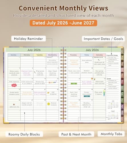 Teacher Planner 2026-2027, July 2026 - June 2027, Academic Weekly & Monthly Calendar Planner with Tabs, 8.5" x 11" A4 Teacher Lesson Plan Book with 7 Periods, Daily Agenda School Organizer for Teacher Student Homeschool, Pink Marble