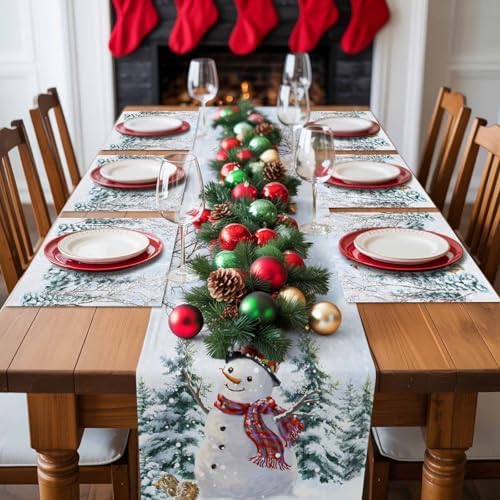 Christmas Placemats Set of 6, Snowman Squirrel Bird Heat Resistant Washable Dining Table Mats Xmas Holiday Farmhouse Decor for Kitchen&Linens Outdoor Indoor, Pine Tree Branch Snowflake