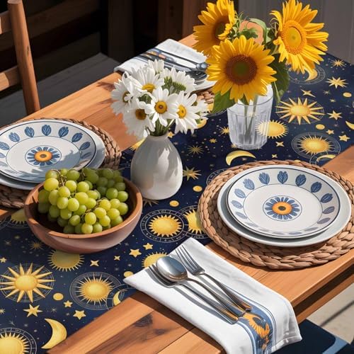 Fantasy Galaxy Table Runner Dresser Scarf 13 x 120 Inch Golden Planet Universe Sun Moon Stars Retro Table Runners Non-Slip Heat Resistant Kitchen Dining Table Decor for Home Holidays Indoor Outdoor