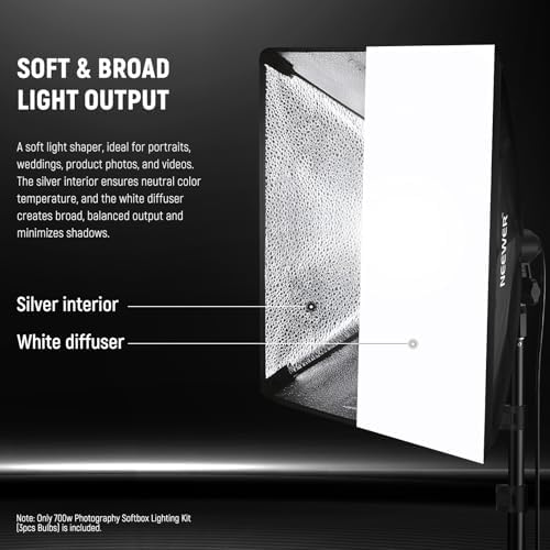 NEEWER 700W Equivalent Softbox Lighting Kit, 3Pack UL Certified 5700K LED Lighting Bulbs, 24x24 inches Softboxes with E26 Socket, Photography Continuous Lighting Kit Photo Studio Equipment