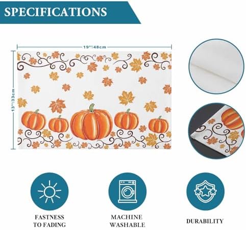 Fall Maple Leaves Placemat, Thanksgiving Watercolor Pumpkins Heat Resistant Washable Table Place Mats Orange Cotton Table Linens Party Holiday Decor for Home Kitchen Dining Outdoor Indoor,